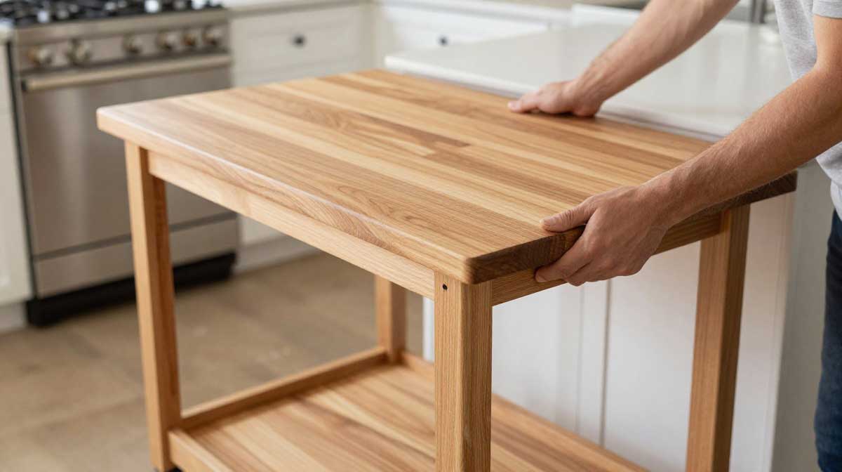 Securing a thick natural wood countertop onto the painted white base frame from underneath using brackets.