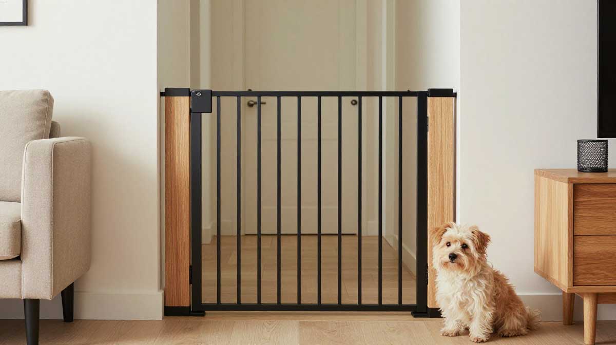 Modern wooden DIY indoor dog gate with matte black hardware