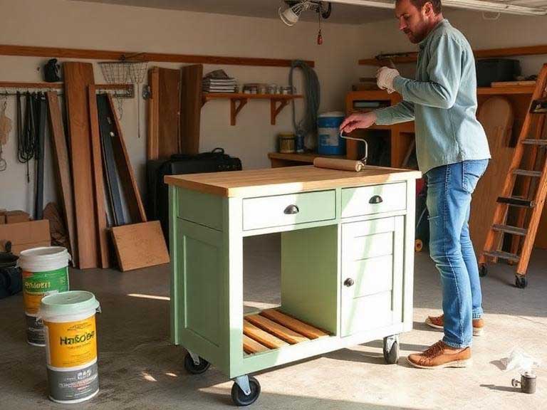 A paintbrush applying soft sage green paint to the wooden legs of a custom kitchen island.