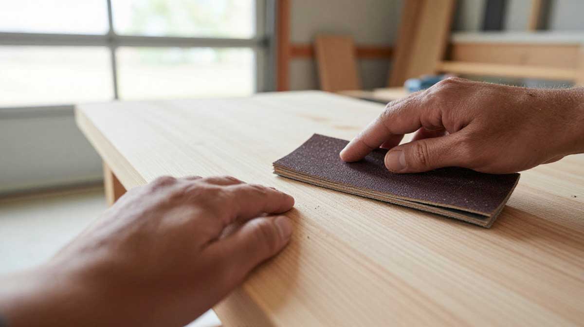 Close-up of a person using 120-grit sandpaper on a pine wood board for a DIY kitchen island project.