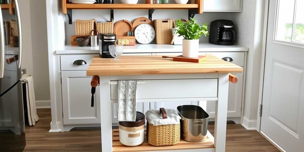 Finished DIY rolling kitchen island styled in a small kitchen