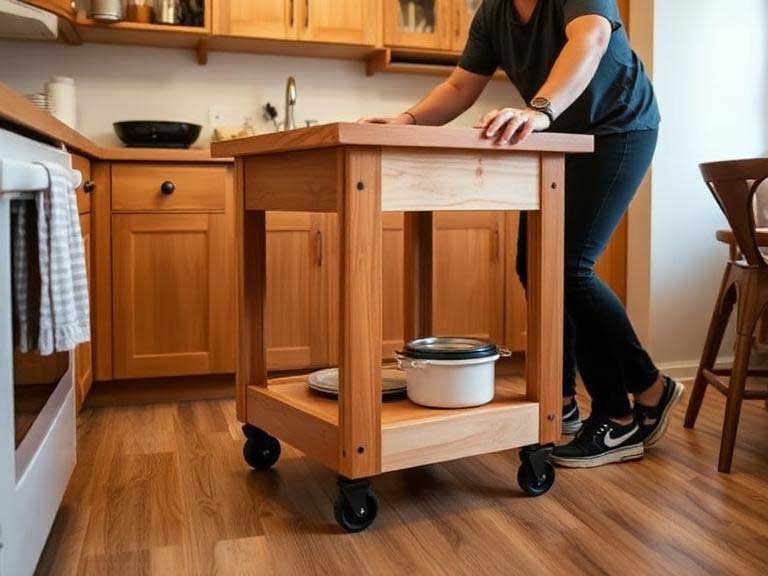 Testing the stability of a DIY rolling kitchen island