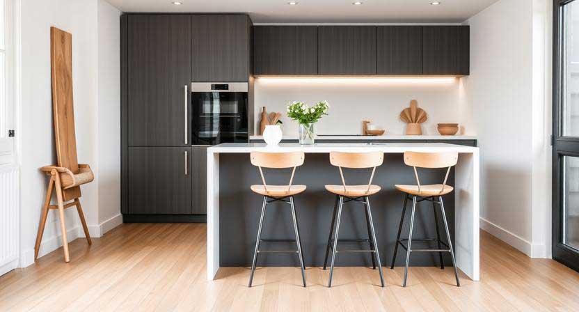 backless stools tucked under narrow kitchen island
