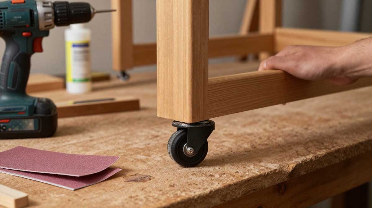 Close-up shot of heavy-duty locking casters wheels being screwed into a wooden furniture base during a DIY project.