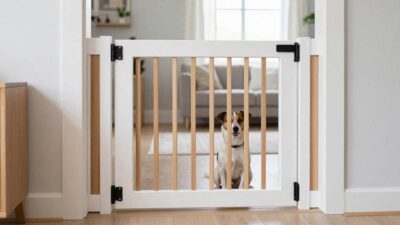 Stylish DIY indoor dog gate with door in a small apartment hallway