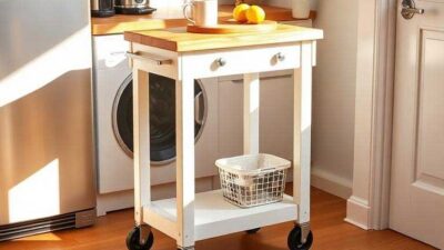 A small DIY rolling kitchen island with a natural wooden butcher block top and painted white base on wheels in a bright apartment kitchen