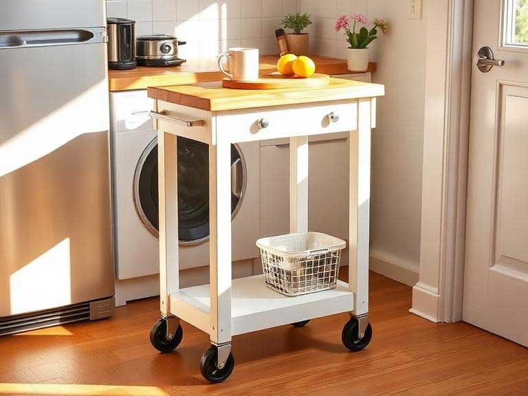A small DIY rolling kitchen island with a natural wooden butcher block top and painted white base on wheels in a bright apartment kitchen
