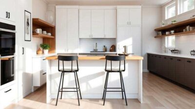 A slim kitchen island with seating for 2 featuring space-saving backless stools tucked under a wooden countertop in a narrow kitchen.