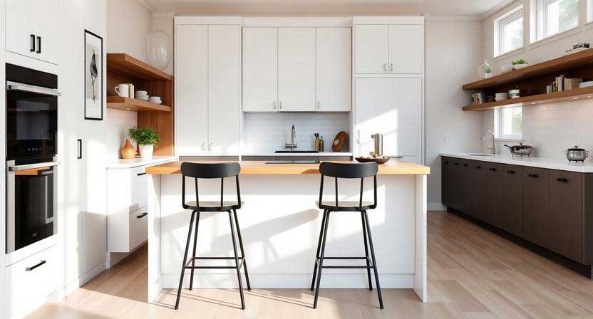 A slim kitchen island with seating for 2 featuring space-saving backless stools tucked under a wooden countertop in a narrow kitchen.