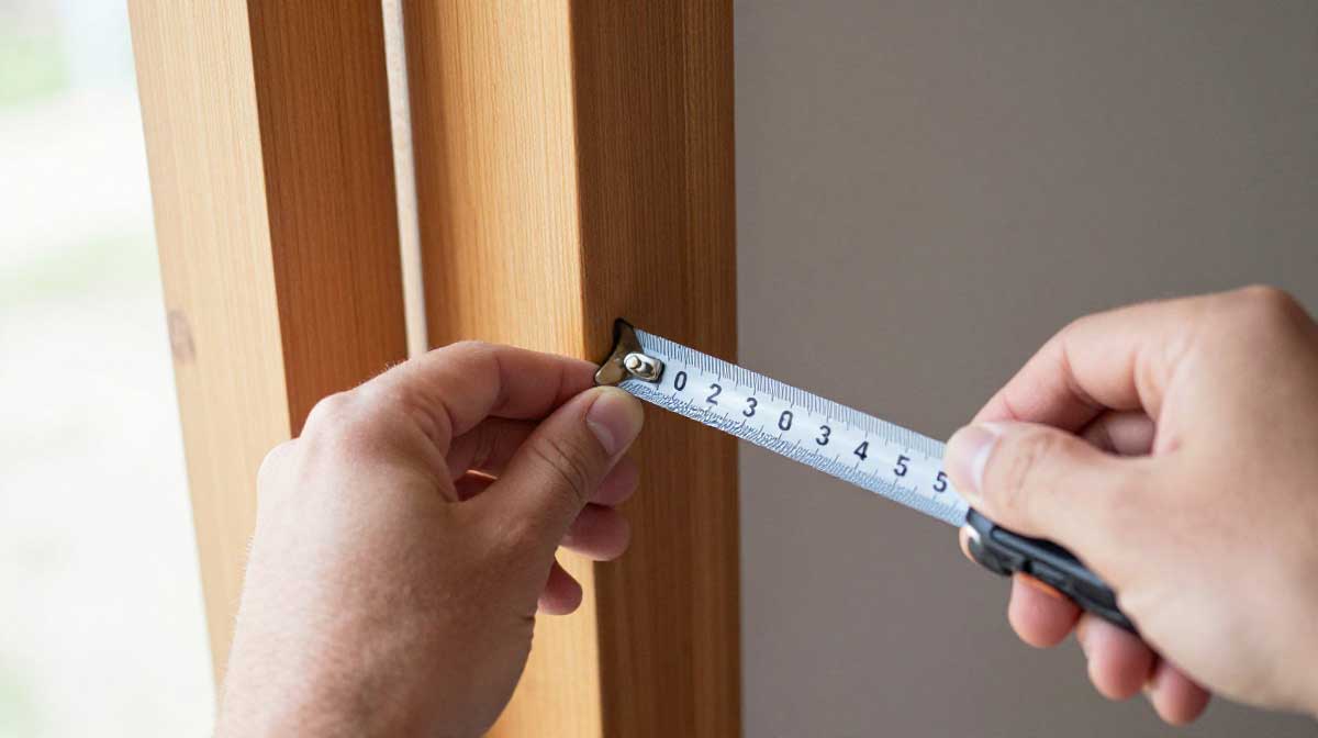 A close-up first-person view of hands using a metal measuring tape to find the width of an indoor doorway.