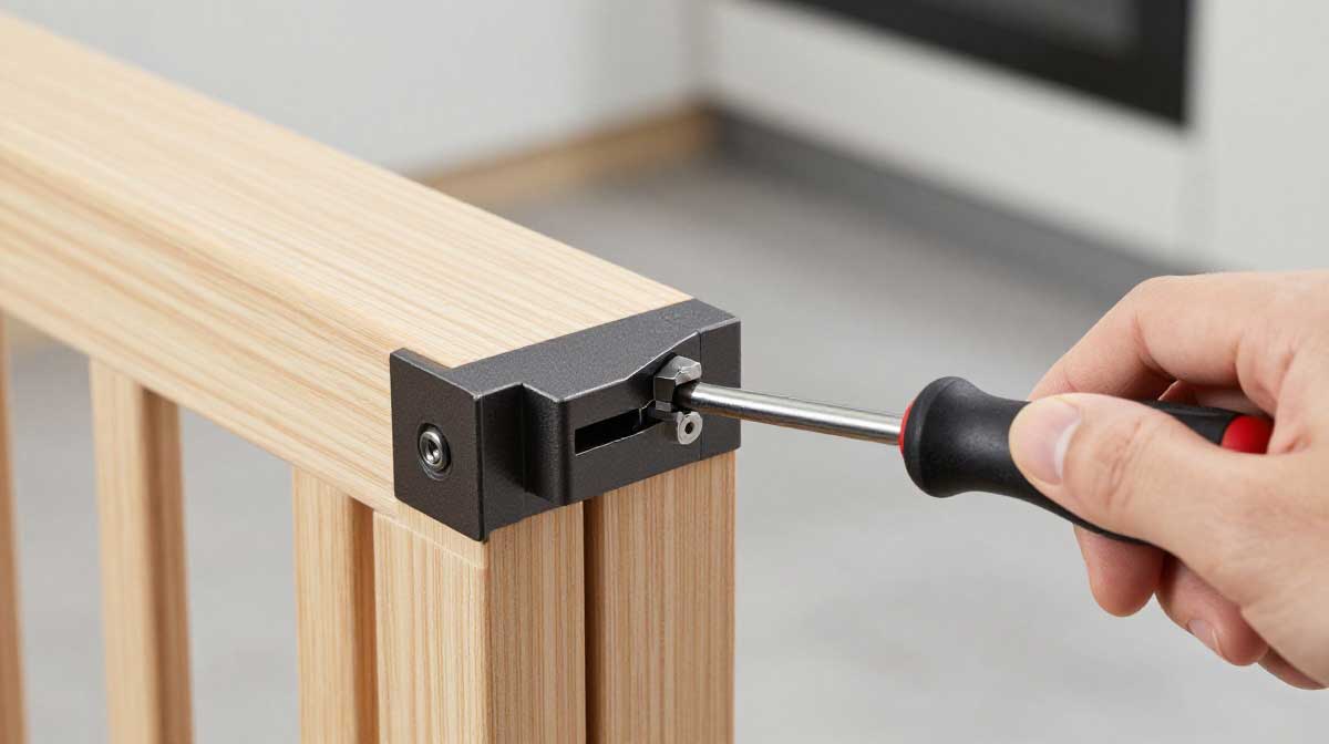 Screwing a modern matte black metal gravity latch onto the outer frame of a custom wooden dog gate.