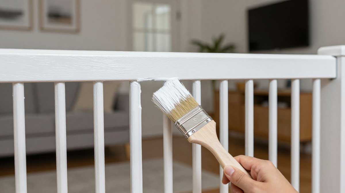 paintbrush applying smooth matte white paint to the finished vertical spindles of a custom dog gate.
