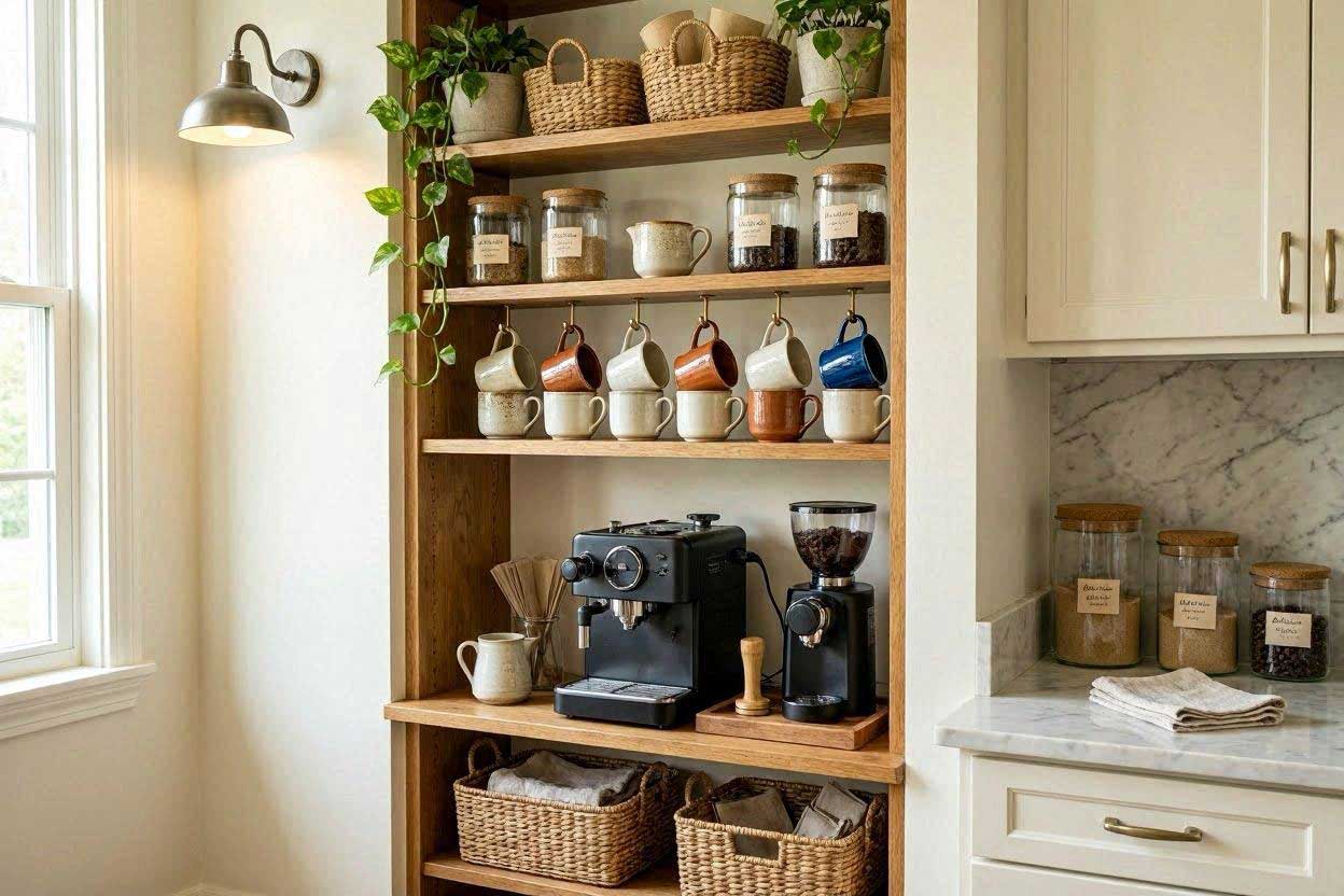 Narrow bookshelf used as a coffee station