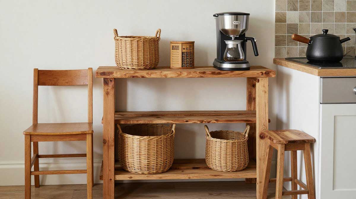 Budget DIY coffee station in a small apartment kitchen