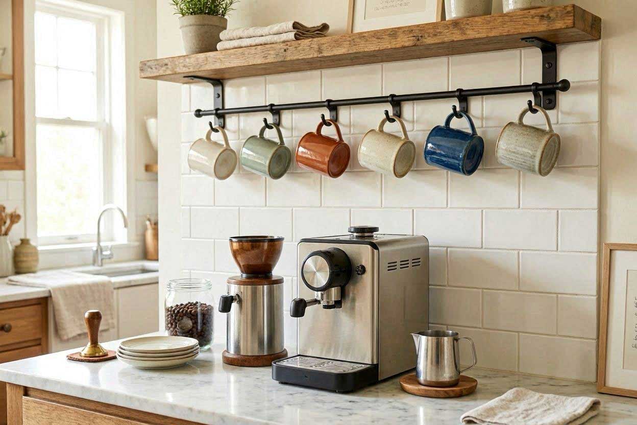 Coffee mugs stored on wall hooks above a coffee station