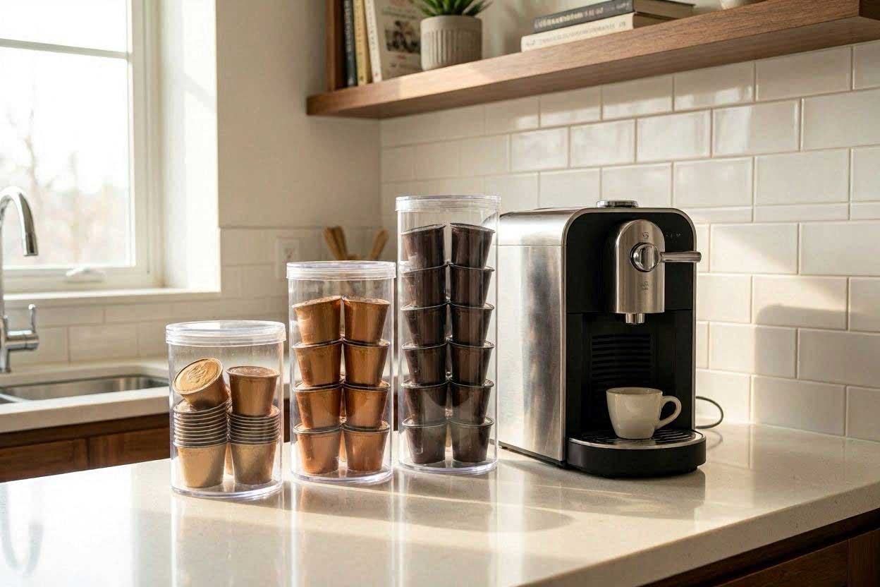 Coffee pod storage containers for a small coffee station