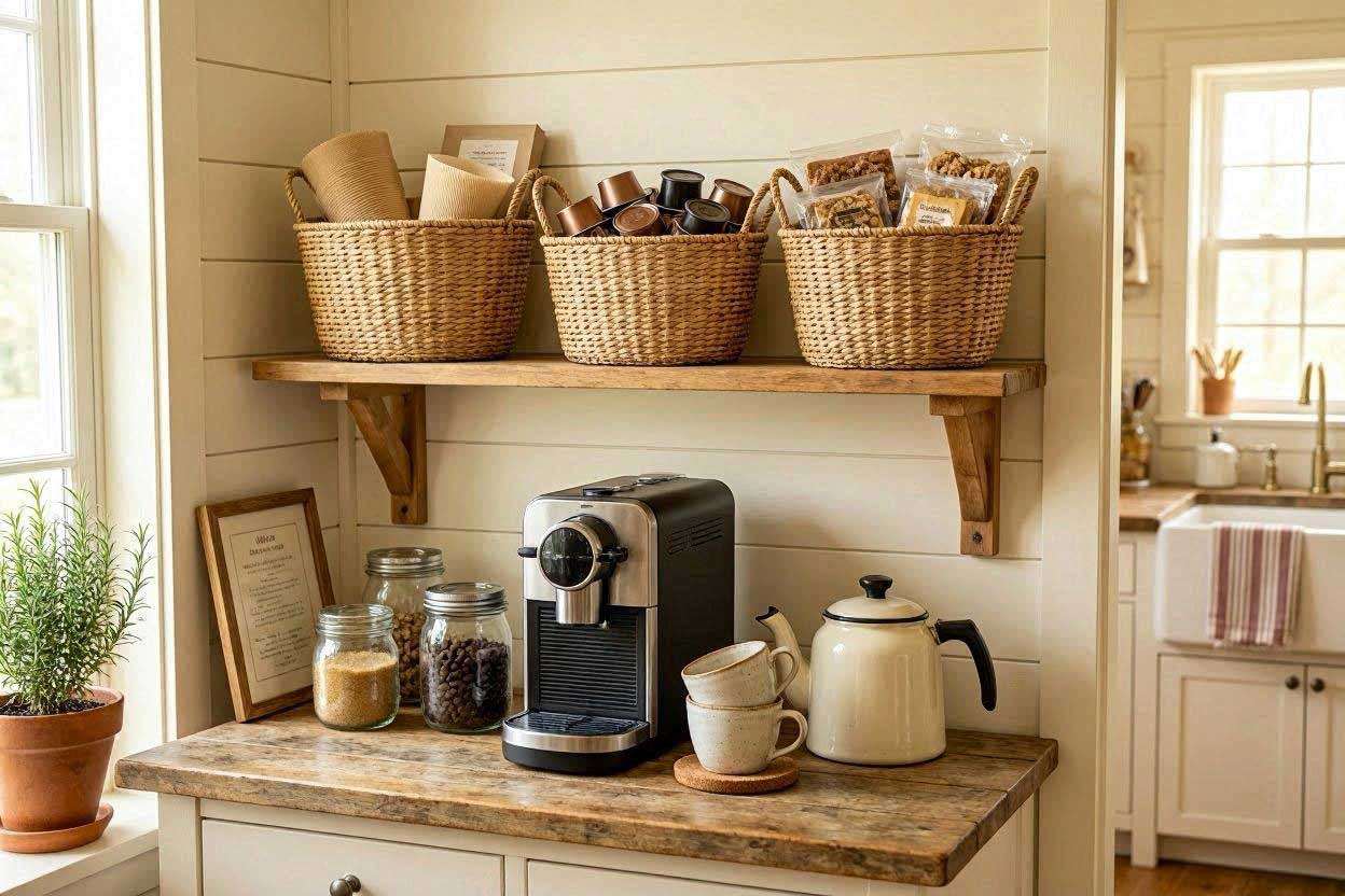 Woven baskets organizing coffee station supplies