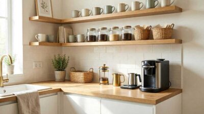 Organized coffee station storage in a small kitchen