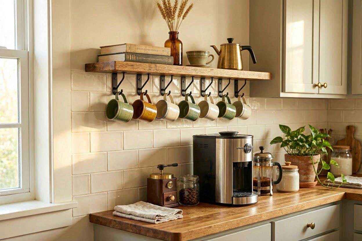 Wall hooks used for coffee mugs above a coffee station