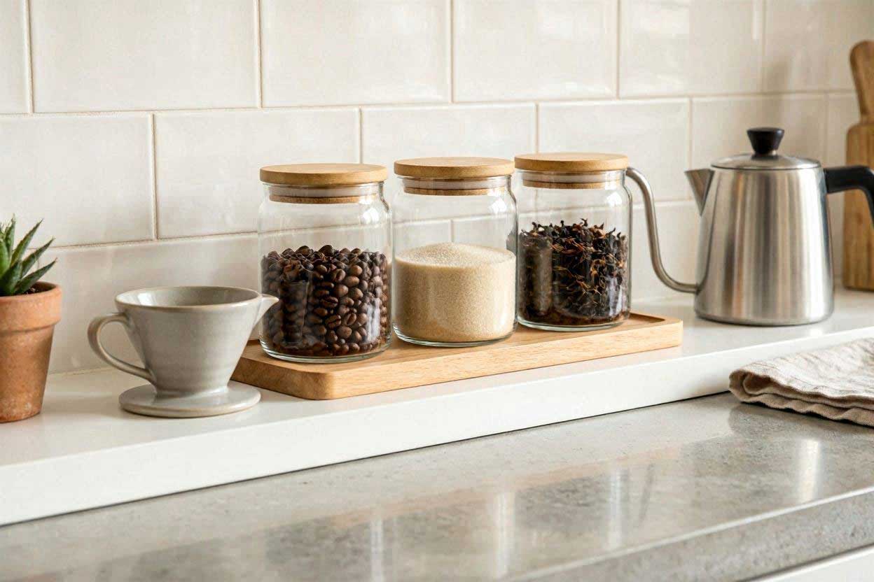Matching glass jars organizing coffee station supplies