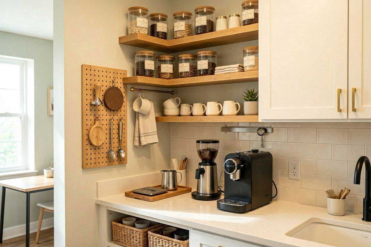 Coffee station storage in an unused kitchen corner