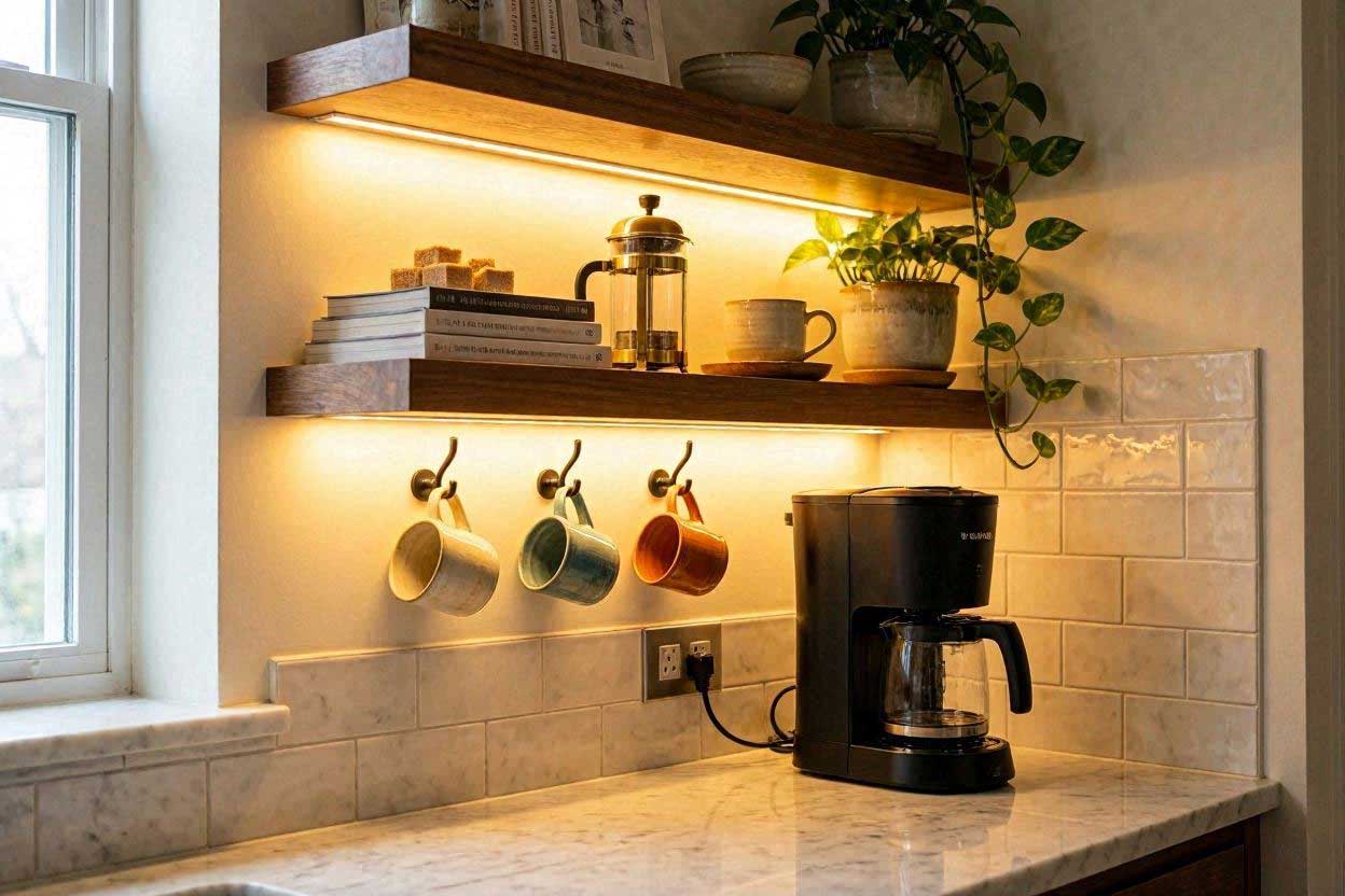 Warm lighting added to a coffee station setup