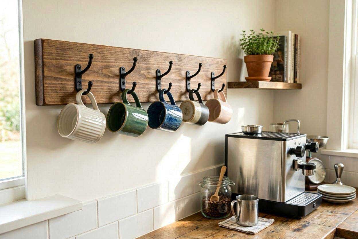DIY wall-mounted coffee mug rack