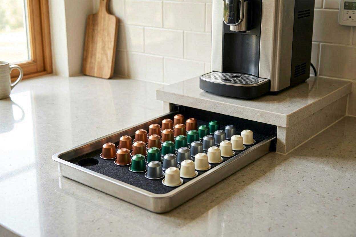 DIY hidden coffee pod holder beneath a coffee machine