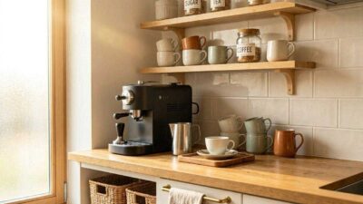 DIY coffee station in a small kitchen with floating shelves