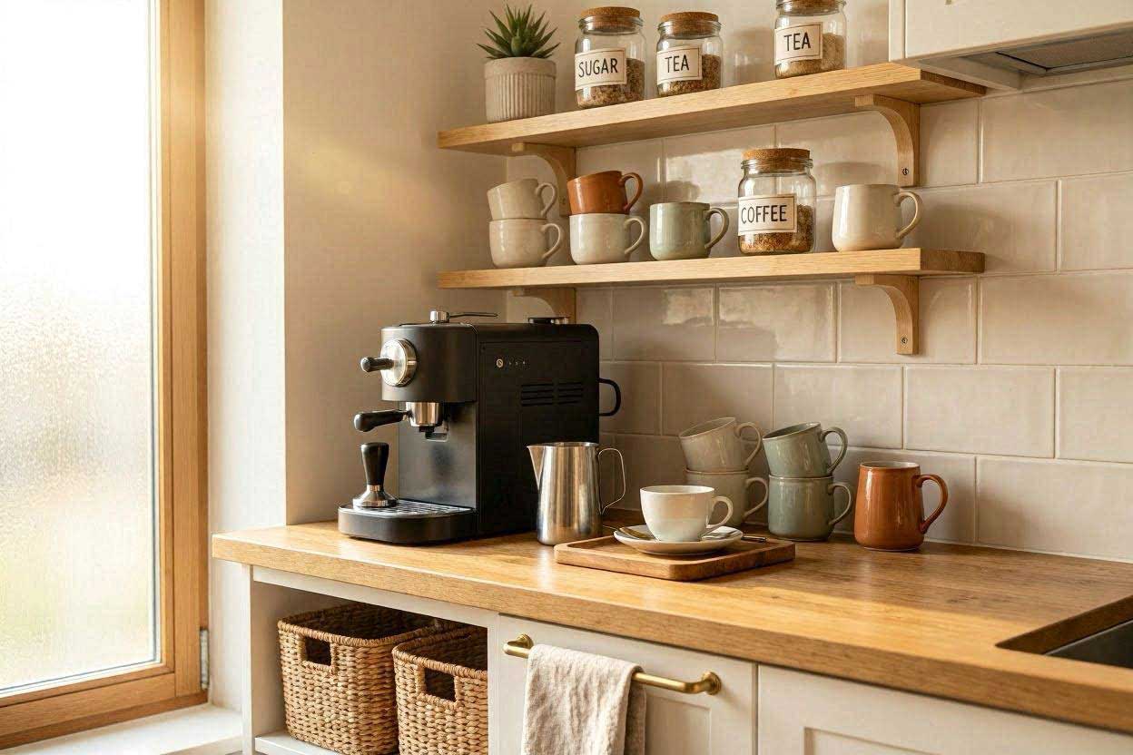 DIY Coffee Station for Small Kitchen DIY coffee station in a small kitchen with floating shelves