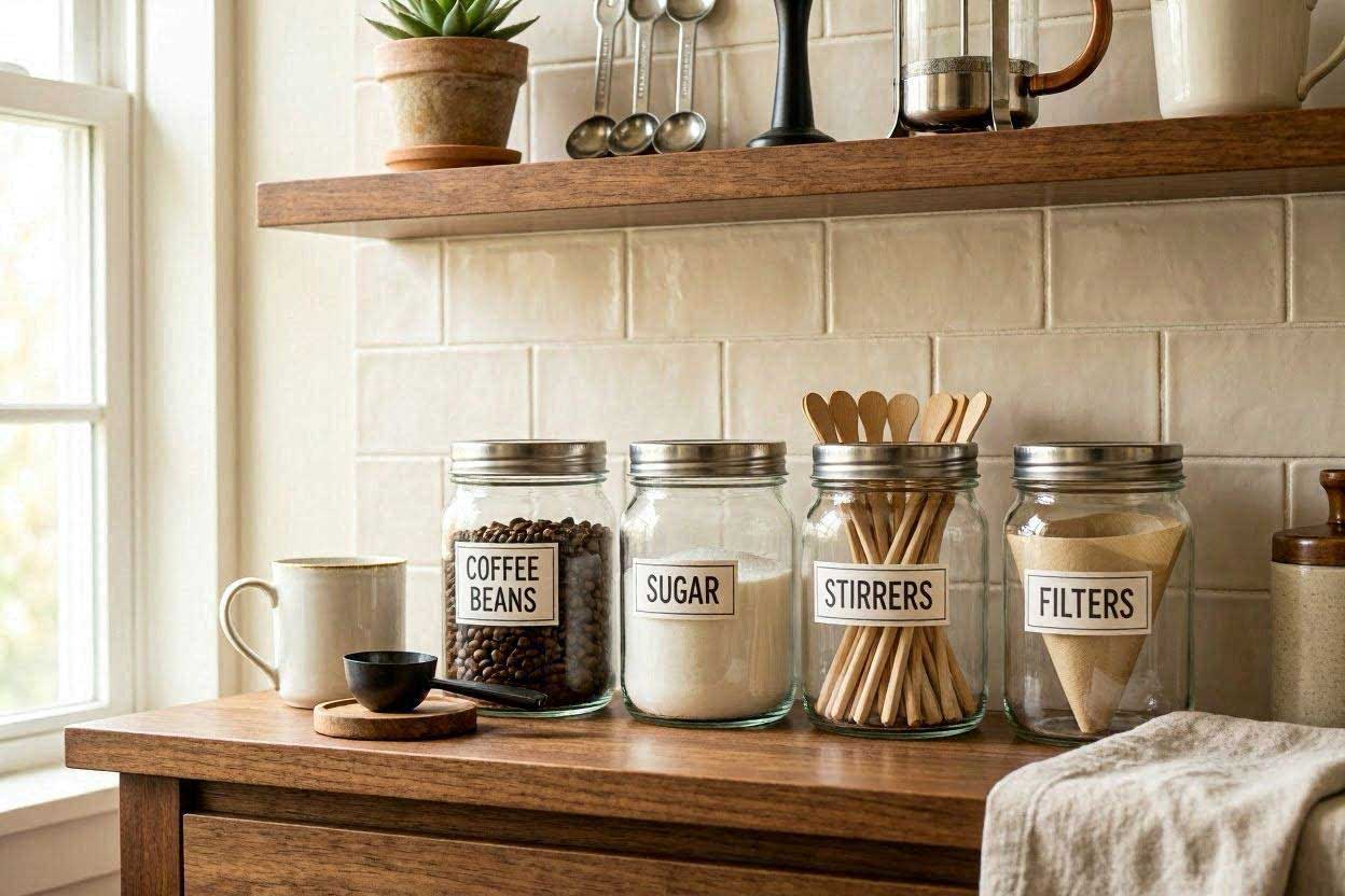 Glass jars organizing coffee station supplies