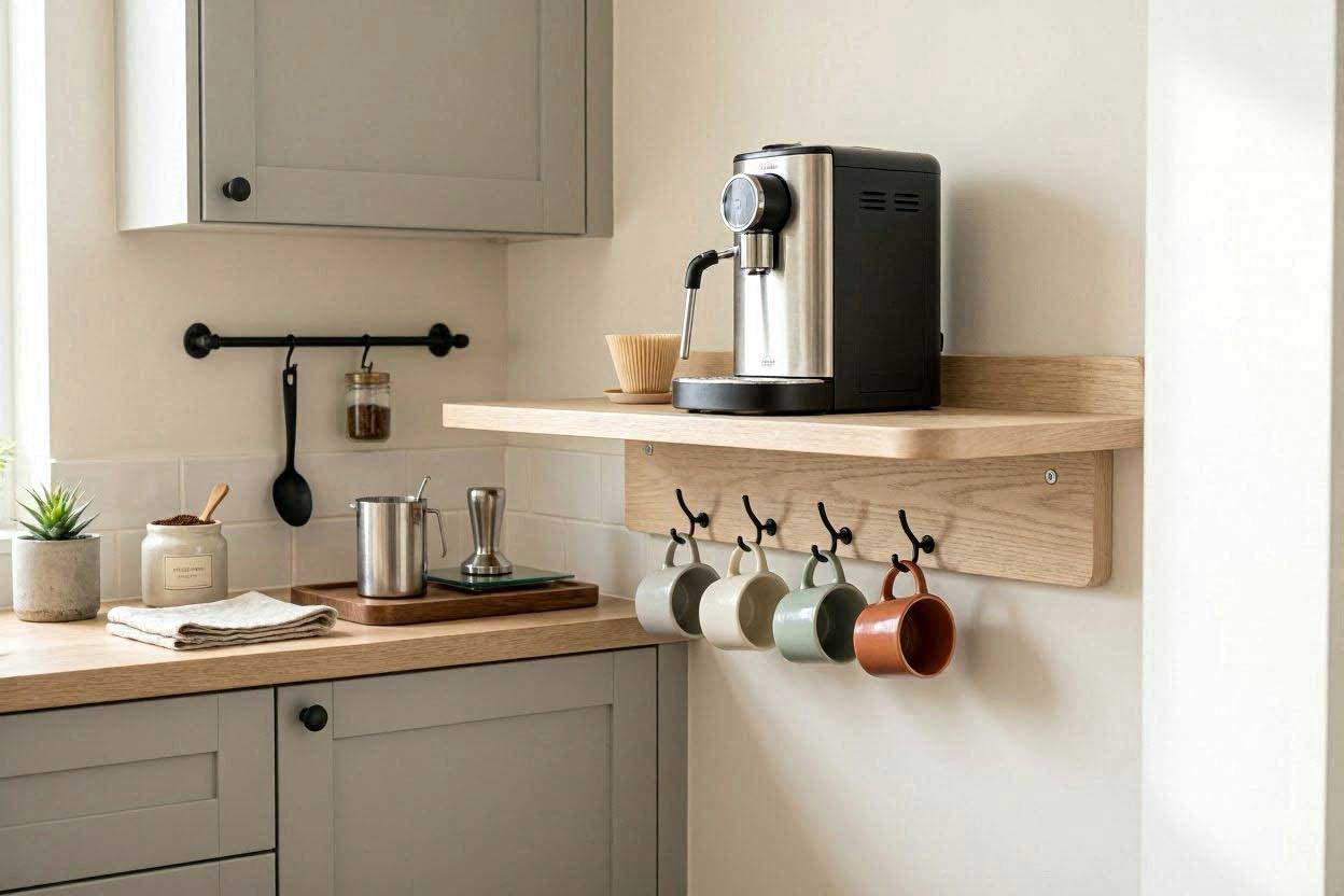 Floating countertop used as a DIY coffee station