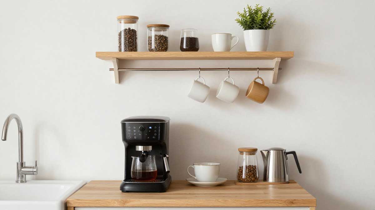 Floating shelves used for coffee station storage