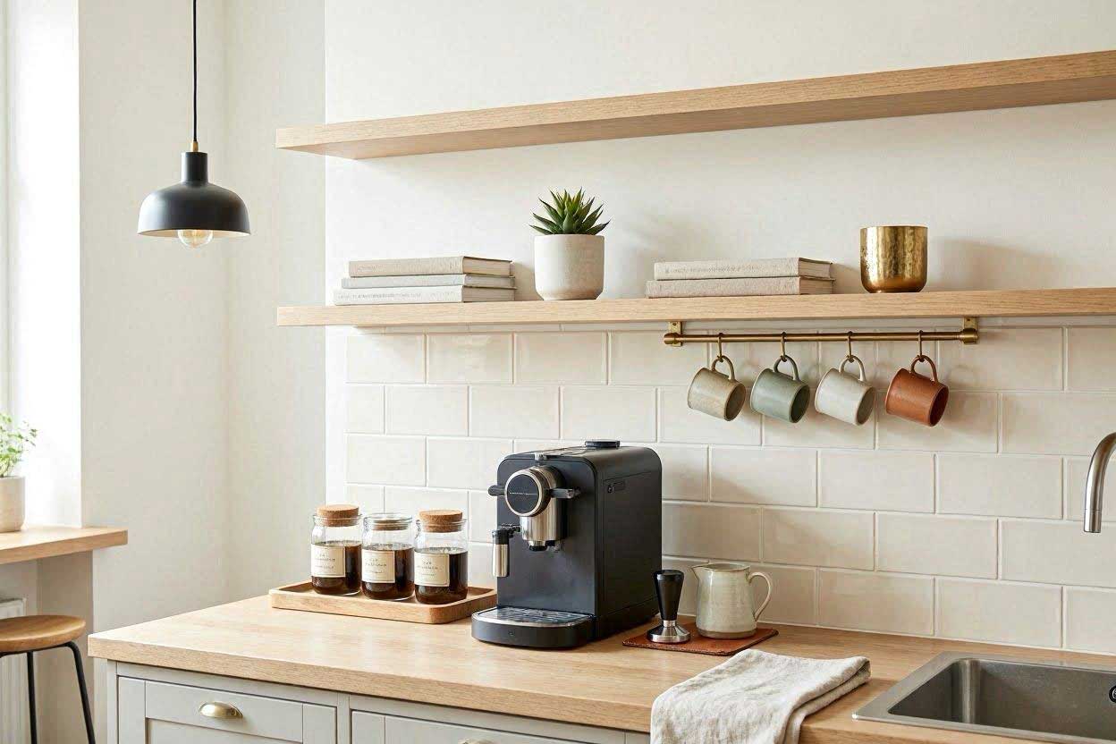 Floating shelves above a coffee station