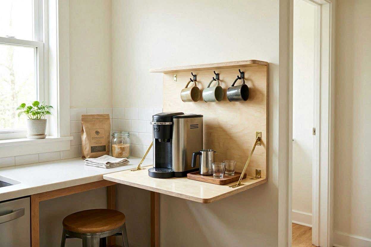 Fold-down shelf coffee station for a small kitchen