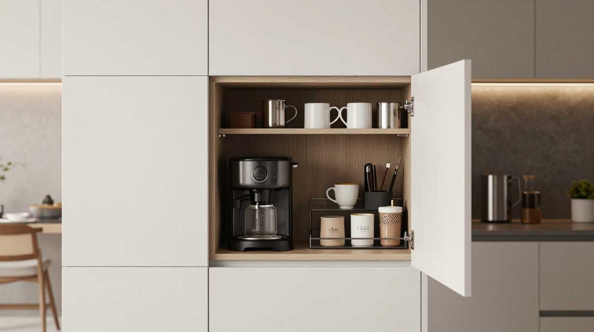 Hidden coffee station organized inside a kitchen cabinet