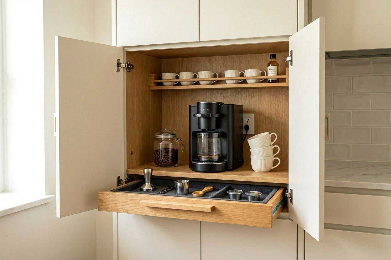 Coffee station storage hidden inside a cabinet