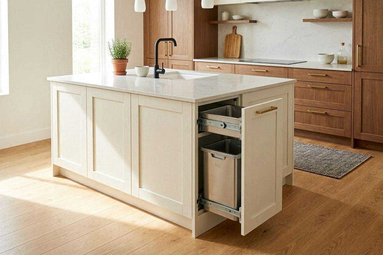 Organized small kitchen island with concealed trash can