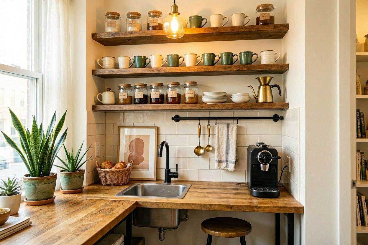Coffee nook created in an unused kitchen corner