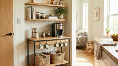 Narrow coffee station setup in a tiny kitchen with slim storage and floating shelves