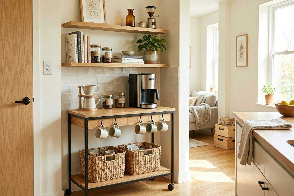 Narrow coffee station setup in a tiny kitchen with slim storage and floating shelves