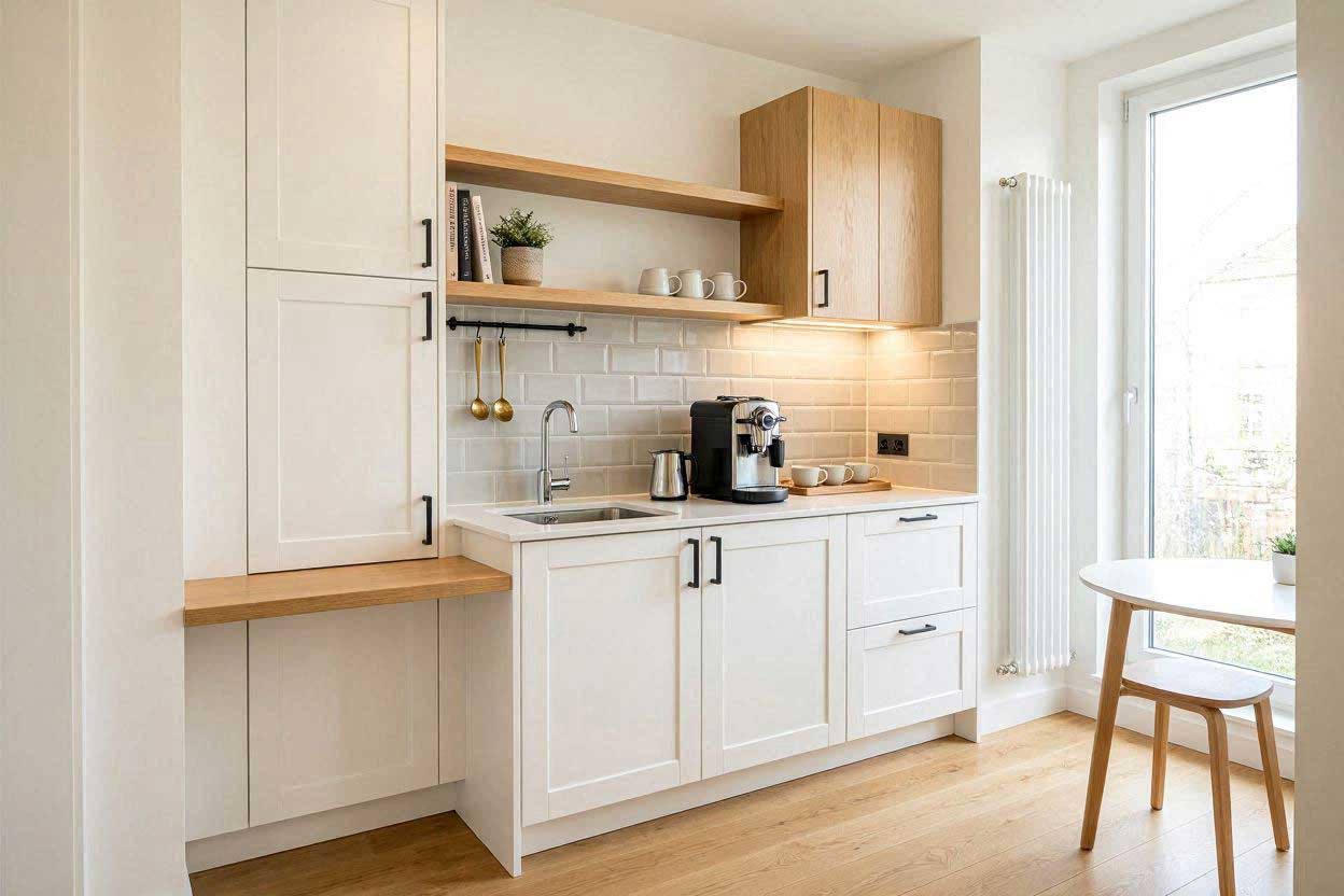 Neutral color coffee station in a tiny kitchen