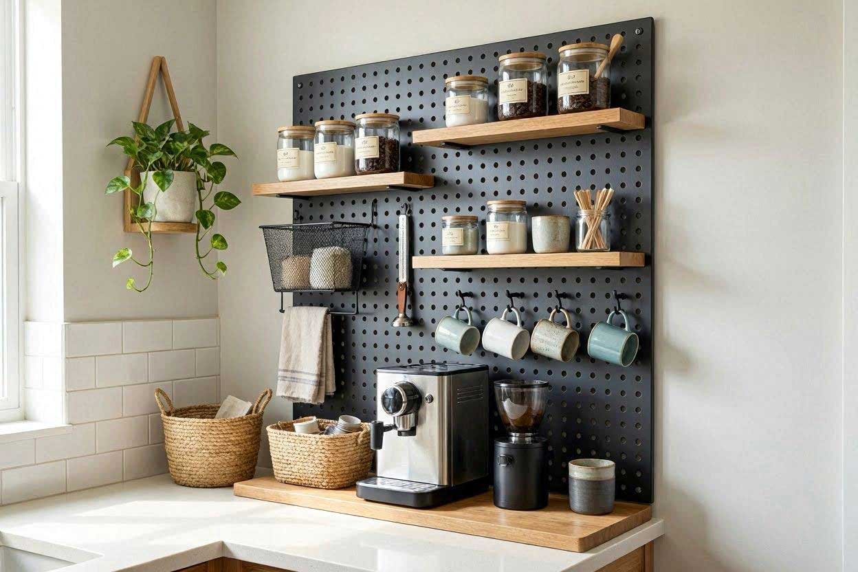 Pegboard organizer used for coffee station storage