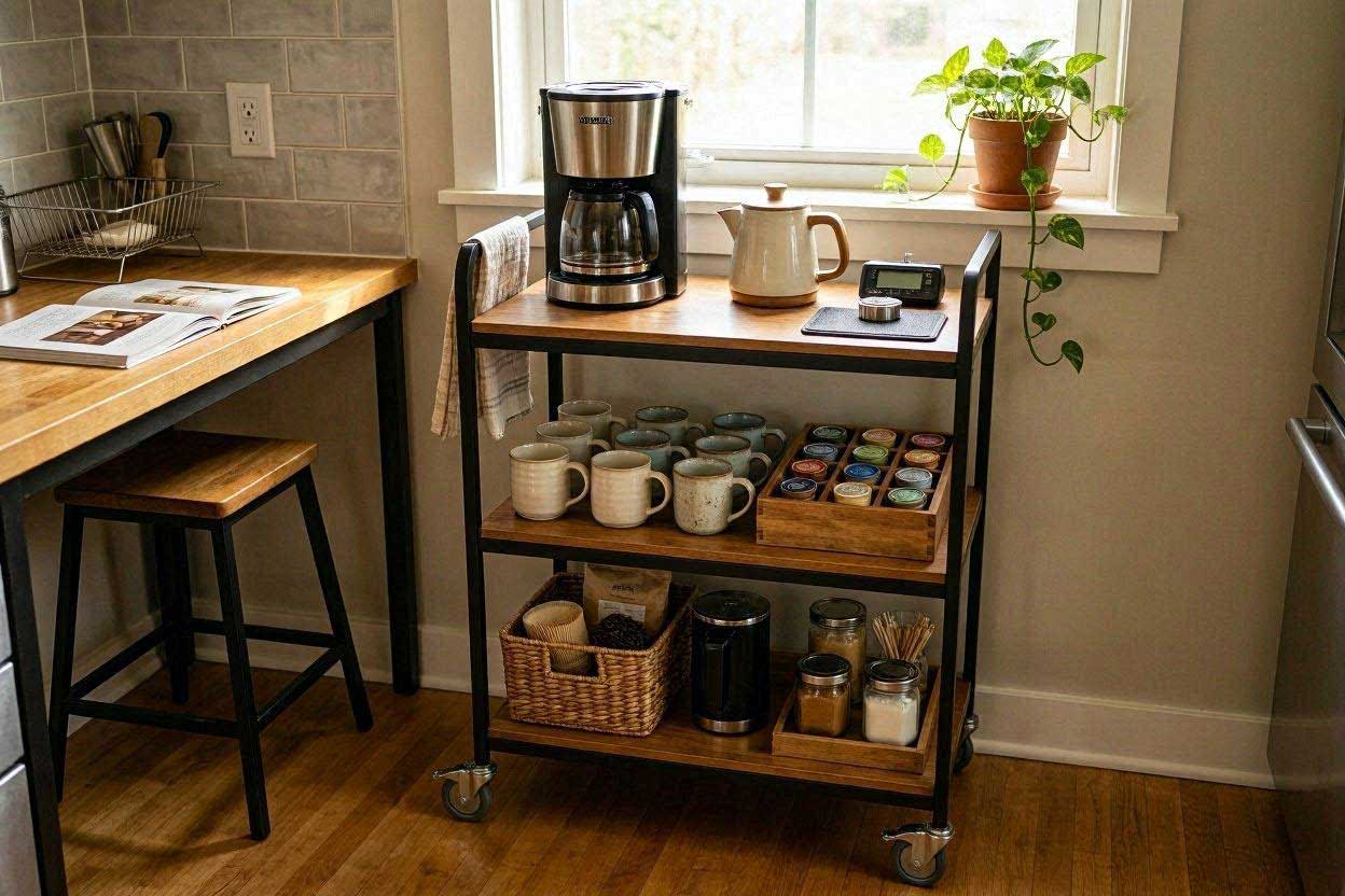 Rolling cart DIY coffee station for renters