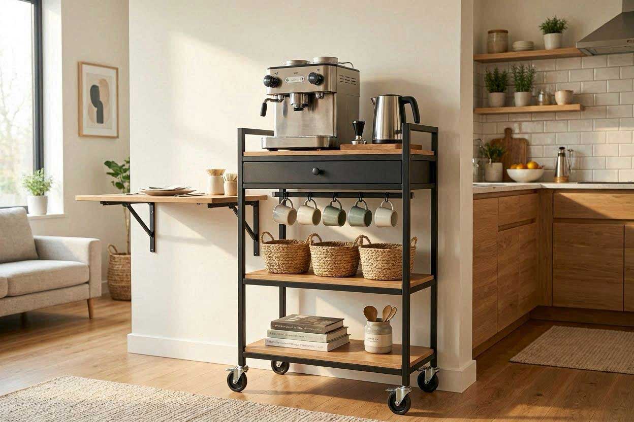 Slim rolling cart used for coffee station storage