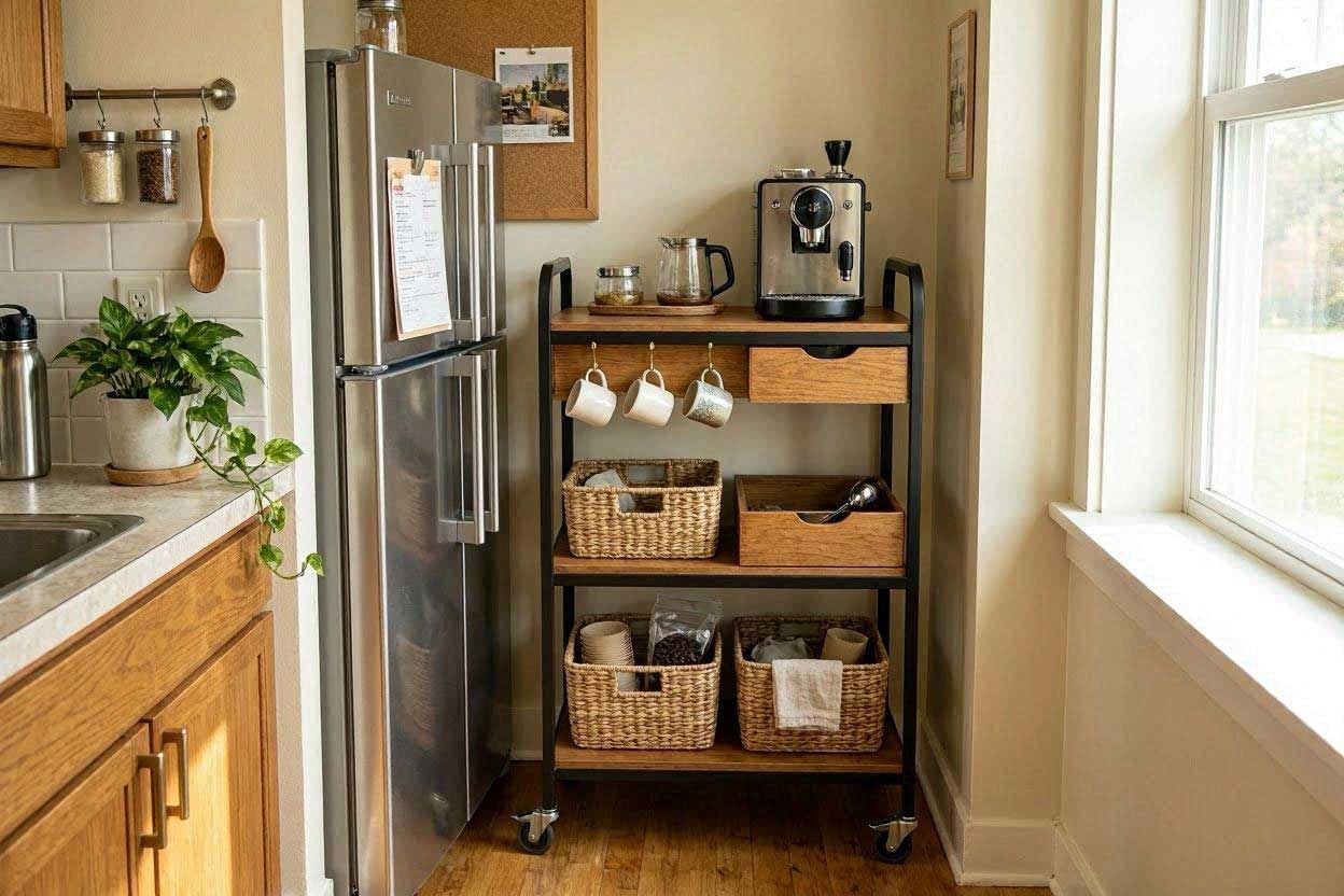 Slim rolling coffee cart used as a narrow coffee station