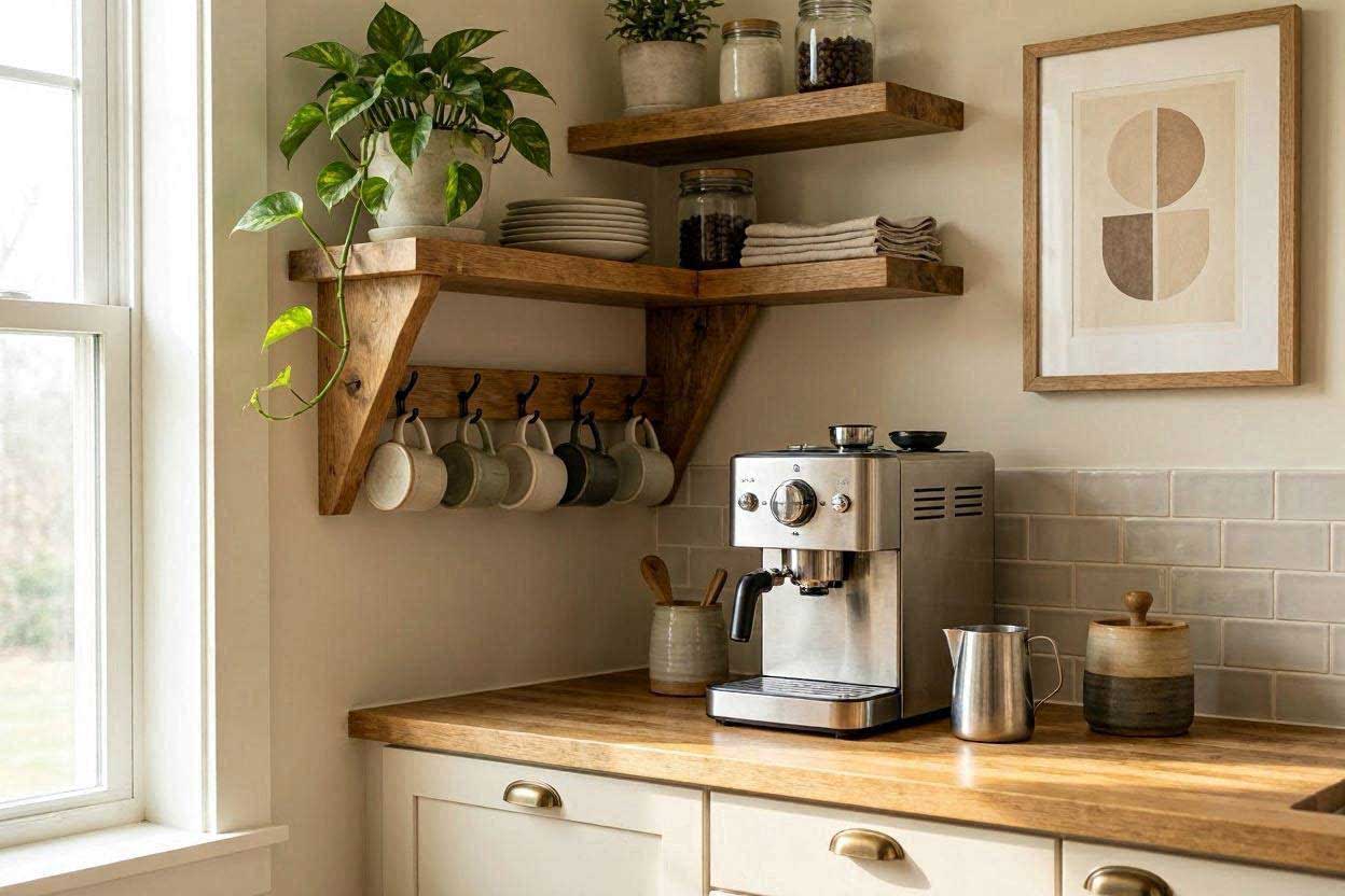 Finished DIY coffee corner in a small kitchen