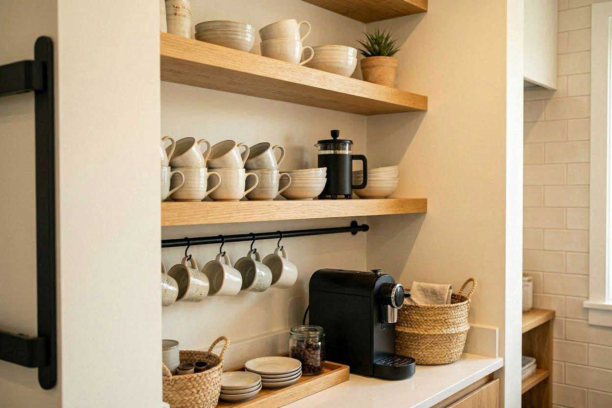 Stylish narrow coffee station designed for a tiny kitchen