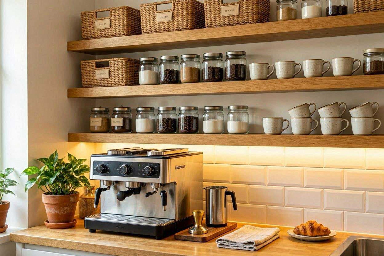 Stylish coffee station storage inspiration for small kitchens