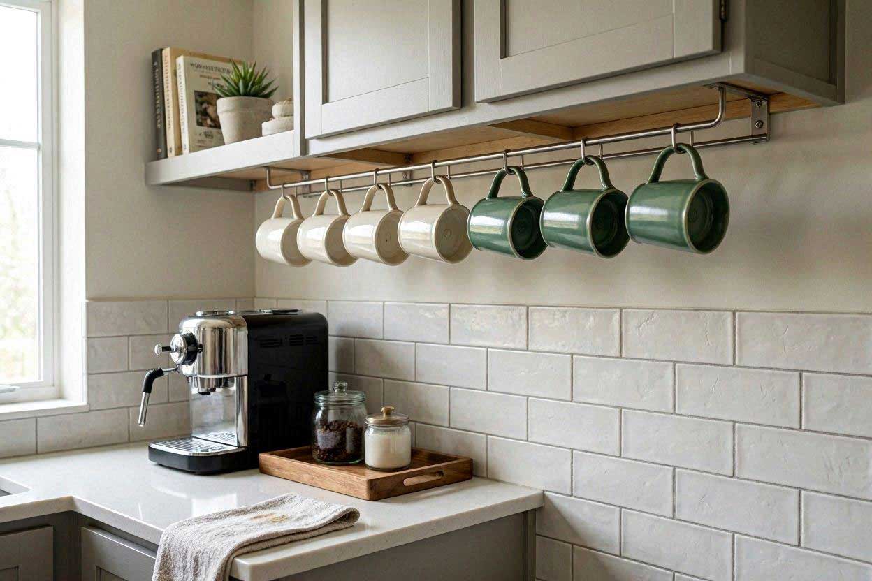 Under-shelf coffee mug storage solution